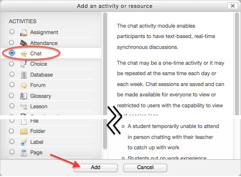 Add an activity or resource, Chat