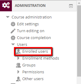 Administration block, Course administration, Users, Enrolled users