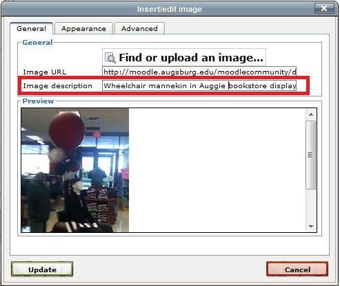 Screenshot of insert/edit image window with Image Description field highlighted