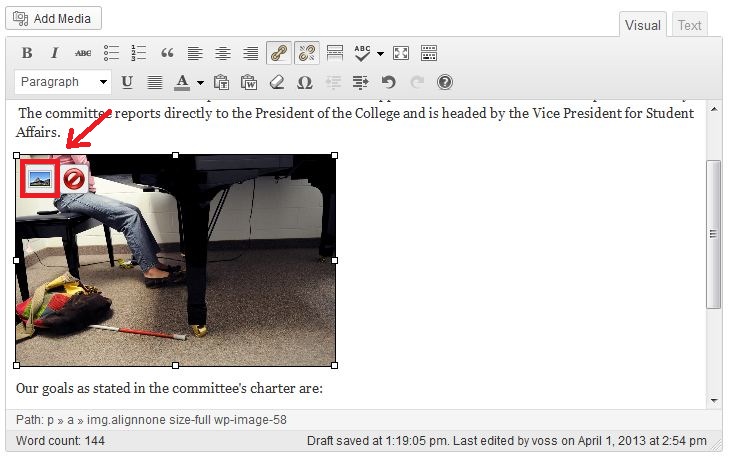 Screenshot of selected image in Wordpress with Edit Image button highlighted