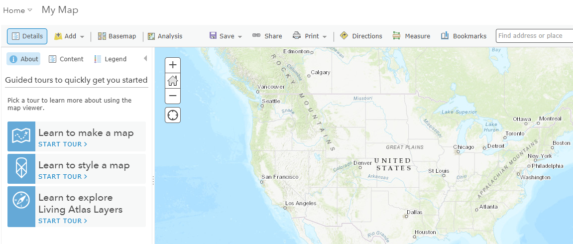 The Make a Map interface shows a toolbar across the top, info pane on the left, and a map of the United States and Canada on the right.