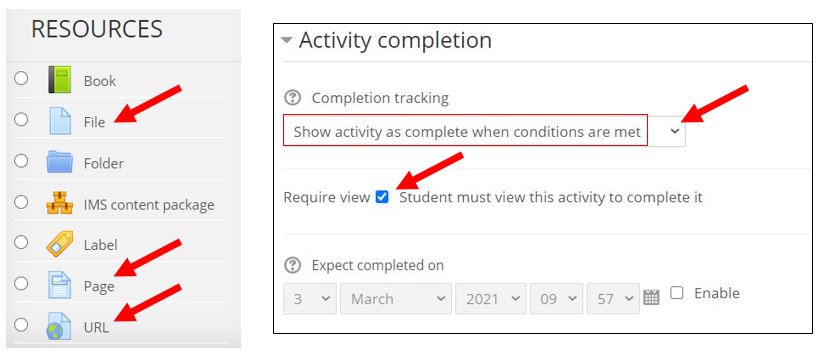 activity completion for files, pages, and URLs