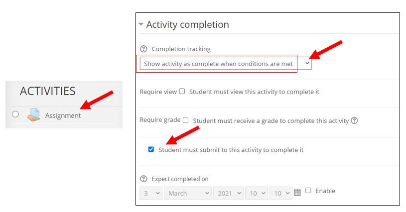 Set activity completion for assignments