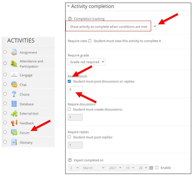 activity completion for forums