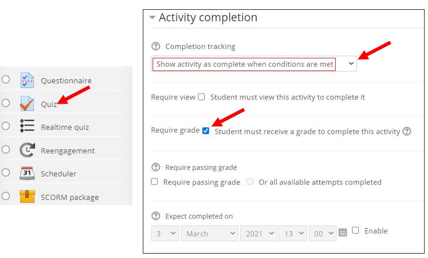 activity completion for quizzes