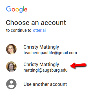 shows Augsburg email address and personal Gmail address, pick Augsburg