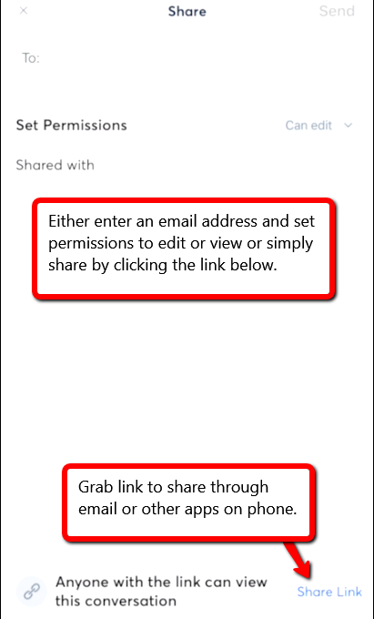 Either enter an email address at the top or use the "share link" option at the bottom to chose which app to use on your phone - recommended to use email