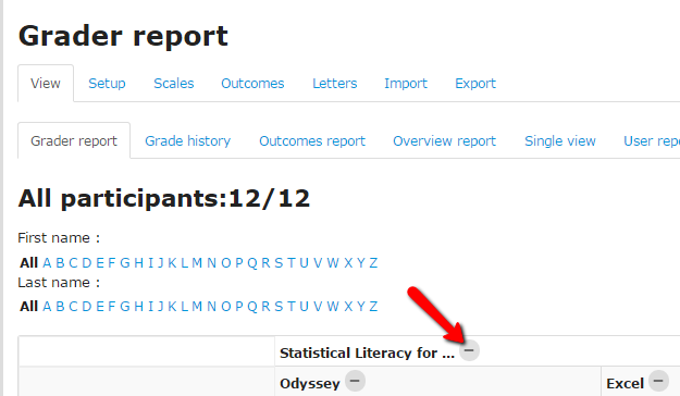View Toggle to display all in gradebook, when the button is a minus symbol, everything gets displayed