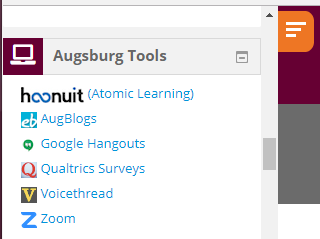 Augsburg Tools block showing links for Hoonuit (Atomic Learning), AugBlogs, Google Hangouts, Qualtrics Surveys, VoiceThread, and Zoom. 