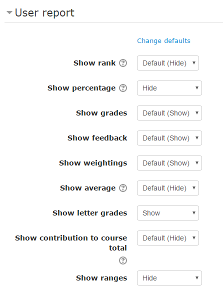 User Report Settings - shows "Range" changed to "Hide"