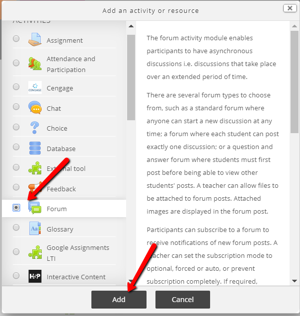 Select "forum" and Add