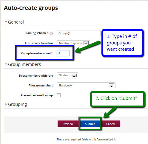 Indicate number of groups and submit