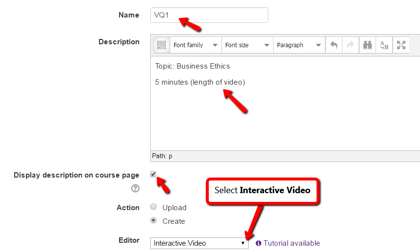 H5P edit settings to enter name, description, show the description on the page, and in the Editor drop-down field, choose "Interactive Video"