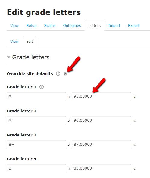 Setting up a letter grade grading table