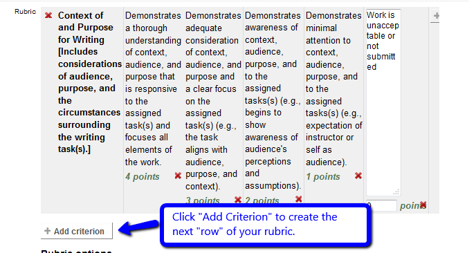 Click "Add criterion" for next row of rubric