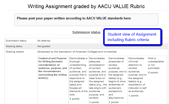 student view of rubric in Assignment