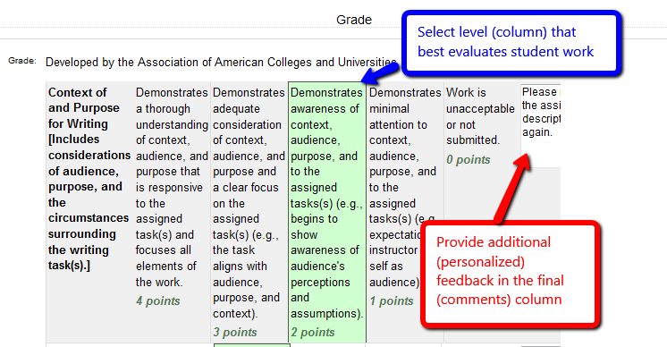 Grade work by selecting boxes in rubric