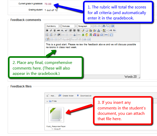 Rubric adds scores; Add final feedback and attach docs