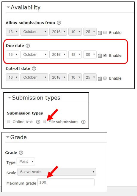 Change settings for due date, submission, and max grade