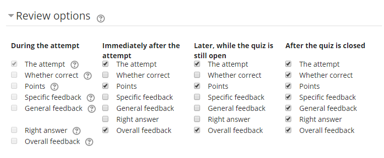 Default Review options for Quiz Feedback