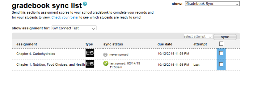 the gradebook sync list page loads