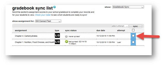 select checkbox next to assignment to sync