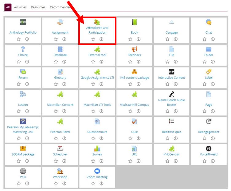 select "Attendance & Participation" from Moodle Picker