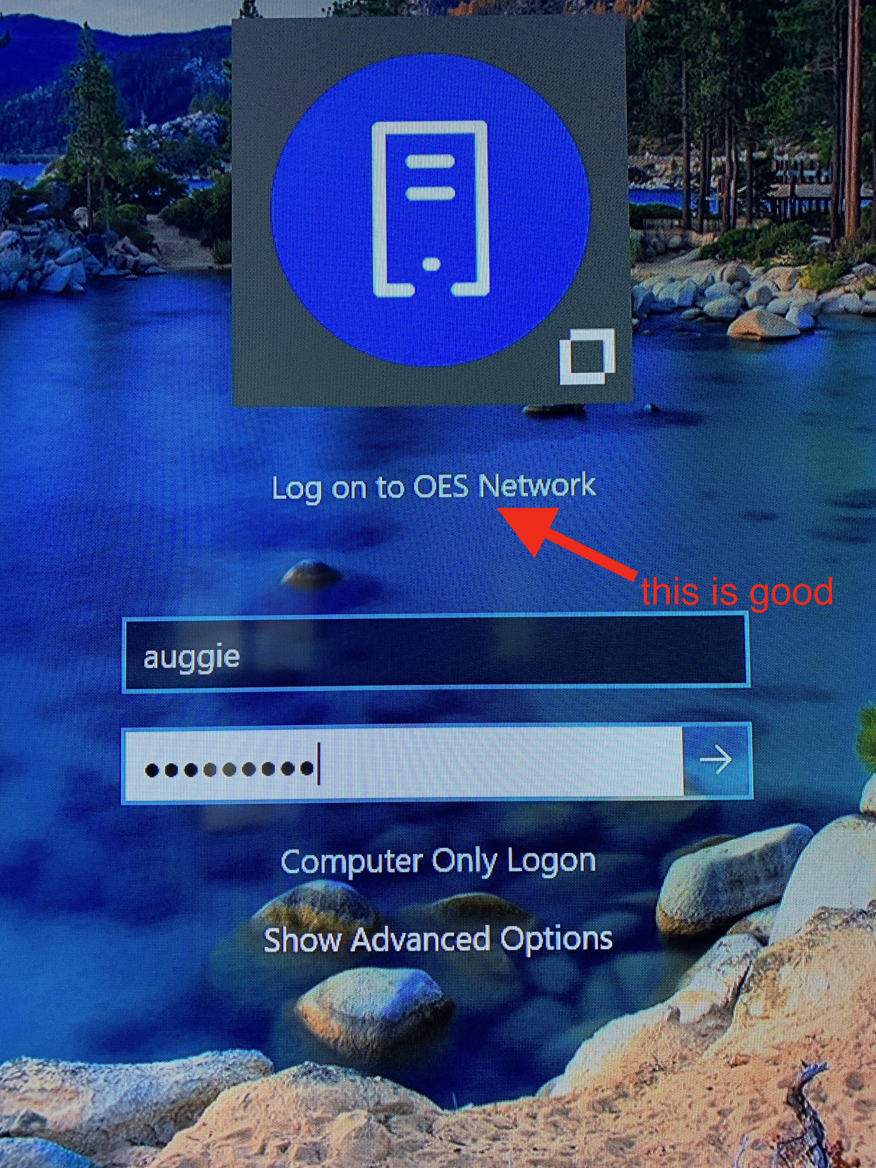 Windows 10 login screen showing "Log on to OES Network" being a good thing