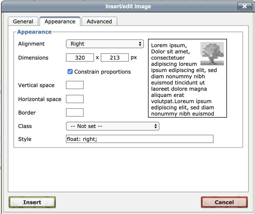 Click the Appearance tab to optionally edit the alignment, size, then click Insert button