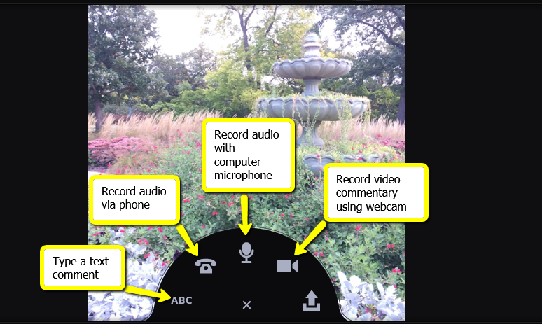 Showing comment options menu: Click the "ABC" text icon to type a comment, click the telephone and enter a phone number to record audio with your phone, click the microphone to record audio with computer, or click the webcam to record a video comment, 