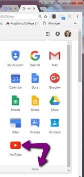 Click the Google Apps button when logged into Augsburg gmail account and select YouTube.