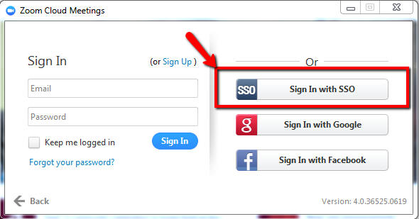 Click the SSO sign in button and enter "https://augsburg.zoom.us"