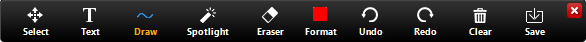 Annotation toolbar with tools: select, textbox, draw with further options for drawing straight lines or freestyle, Spotlight, Eraser, Formatting options, Undo, Redo, Clear all items, or Save the annotations