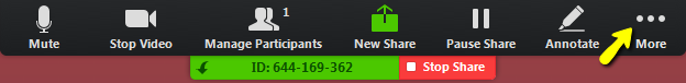 Zoom toolbar with buttons in order - mic, stop video, Manage participants, New share, Pause share, Annotate, More, leave meeting