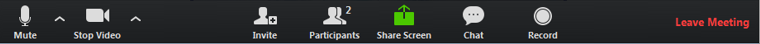 Zoom toolbar with buttons in order - mic, video, invite, participants, share screen, chat, record, leave meeting